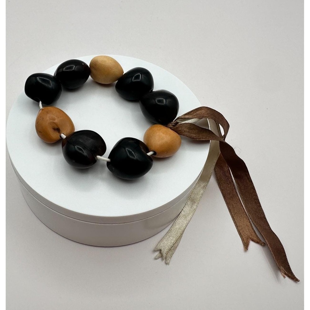 Vintage Y2K Black Tan Kukui Nut Beaded Ribbon Tie Bracelet Women's Jewelry